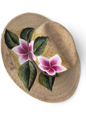 Hand Painted Straw Hat Pink Plumeria Made In Mexico Size Medium